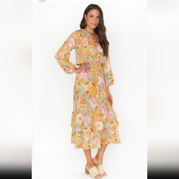 Show Me Your MuMu Dresses & Skirts - Show Me Your MuMu Yellow and Pink Plunge Neck Bishop Sleeve Sundress XXL